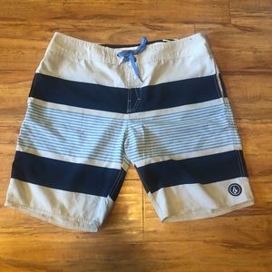 Volcom Board Shorts Men`s Size 38 Pockets Mod Tech Swim Trunks Tan Blue.